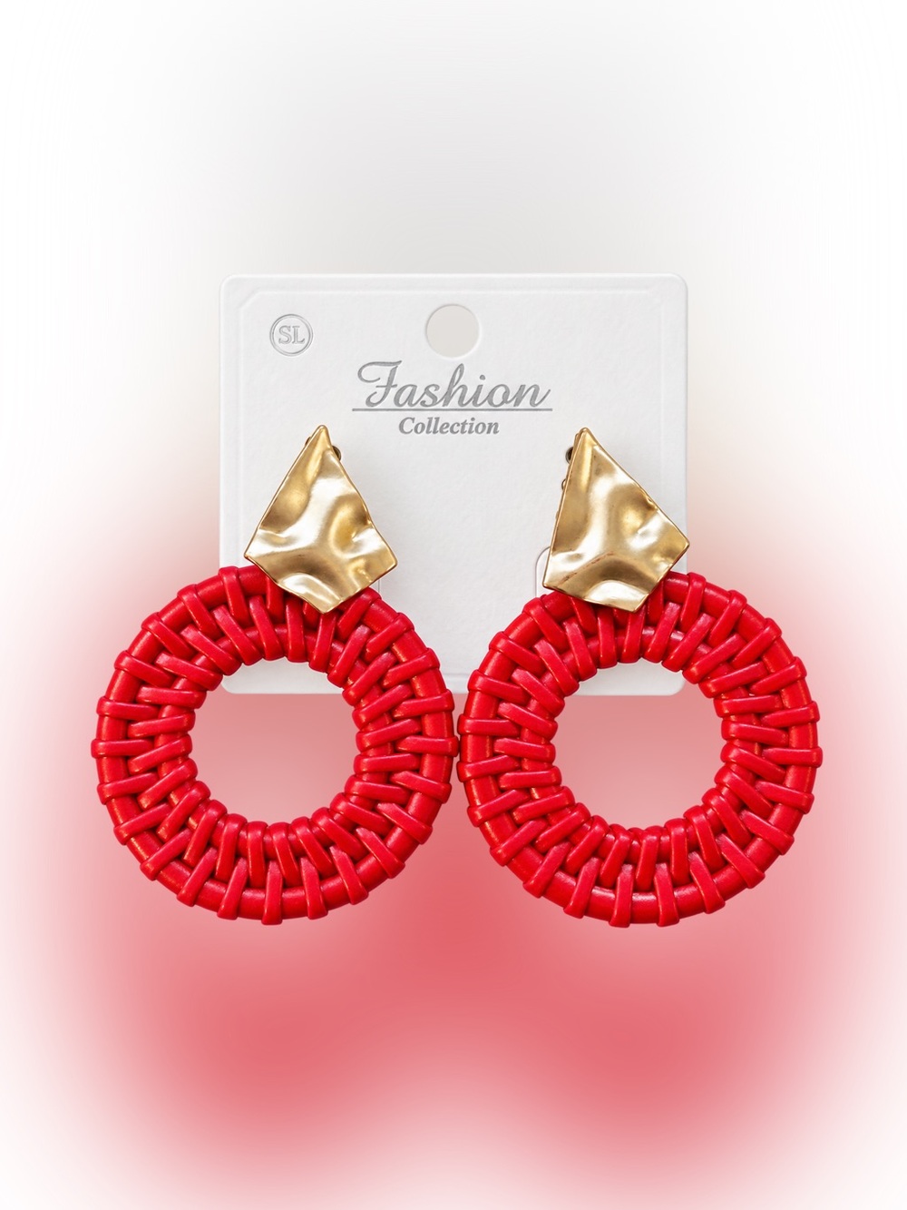 Red Woven Rattan Statement Earrings Gold Tone Geometric Drop Dangle